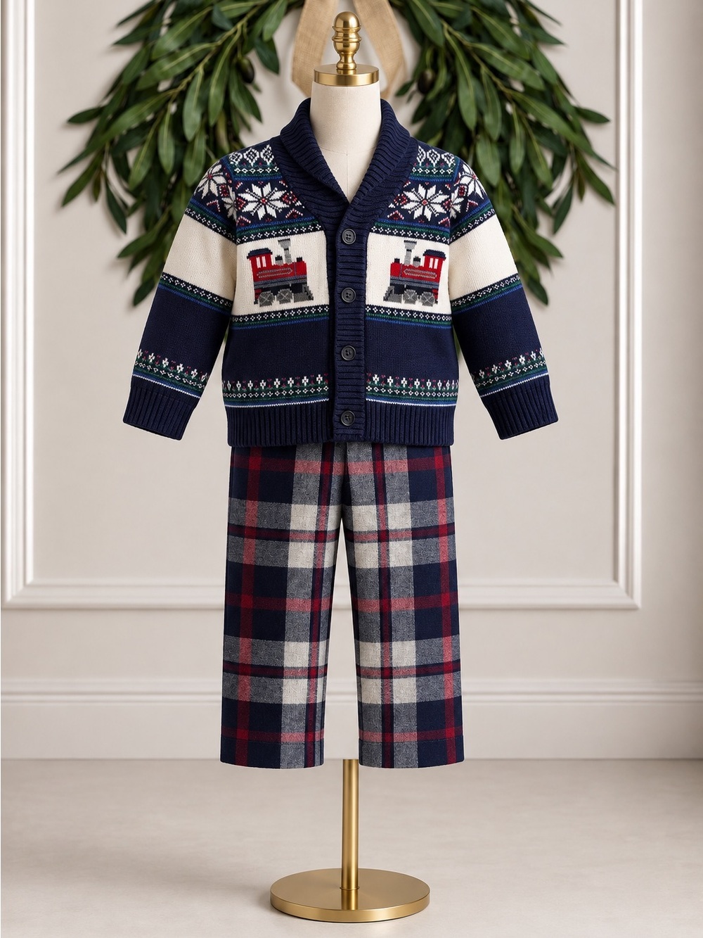 Janie & Jack Train Cotton Sweater & Red Navy Plaid Wool Dress Pants Holiday Set